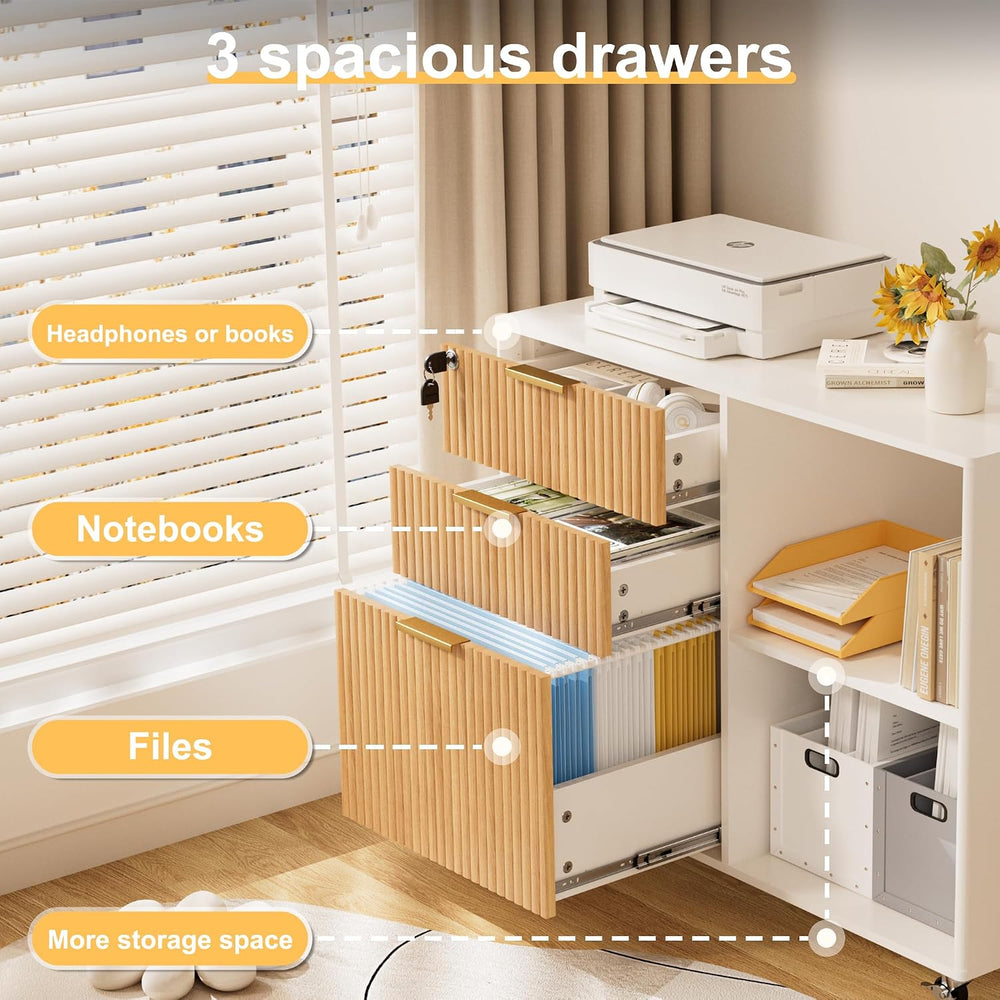 INNOD 3 Drawer Fluted Mobile Filing Cabinet with Lock, Lateral Rolling Under ...