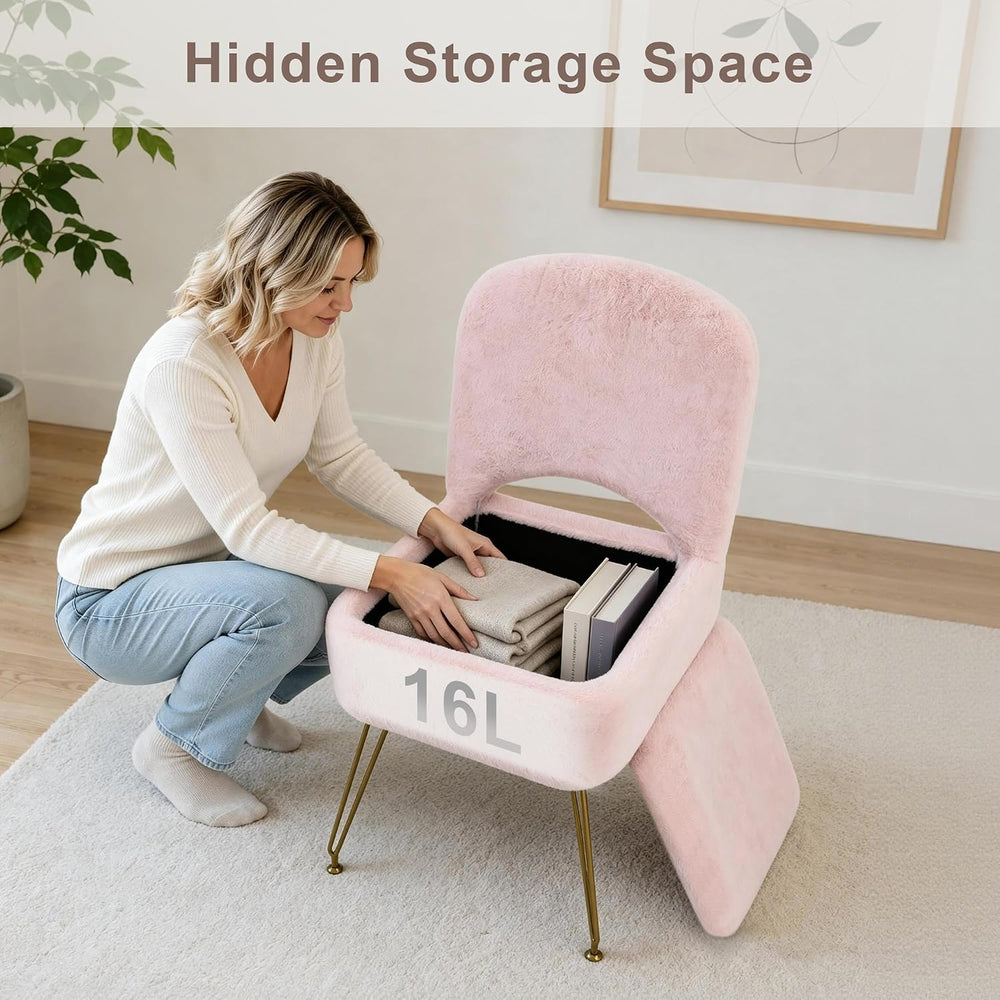 Vanity Stool Chair with Storage and Folding Back, 4 Metal Legs with Anti-Slip...