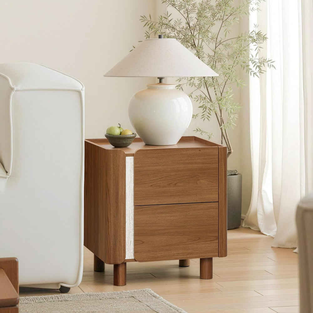 LuxenHome 21.6" Brown Nightstand with 2 Drawers, Mid Century Modern Nigh...