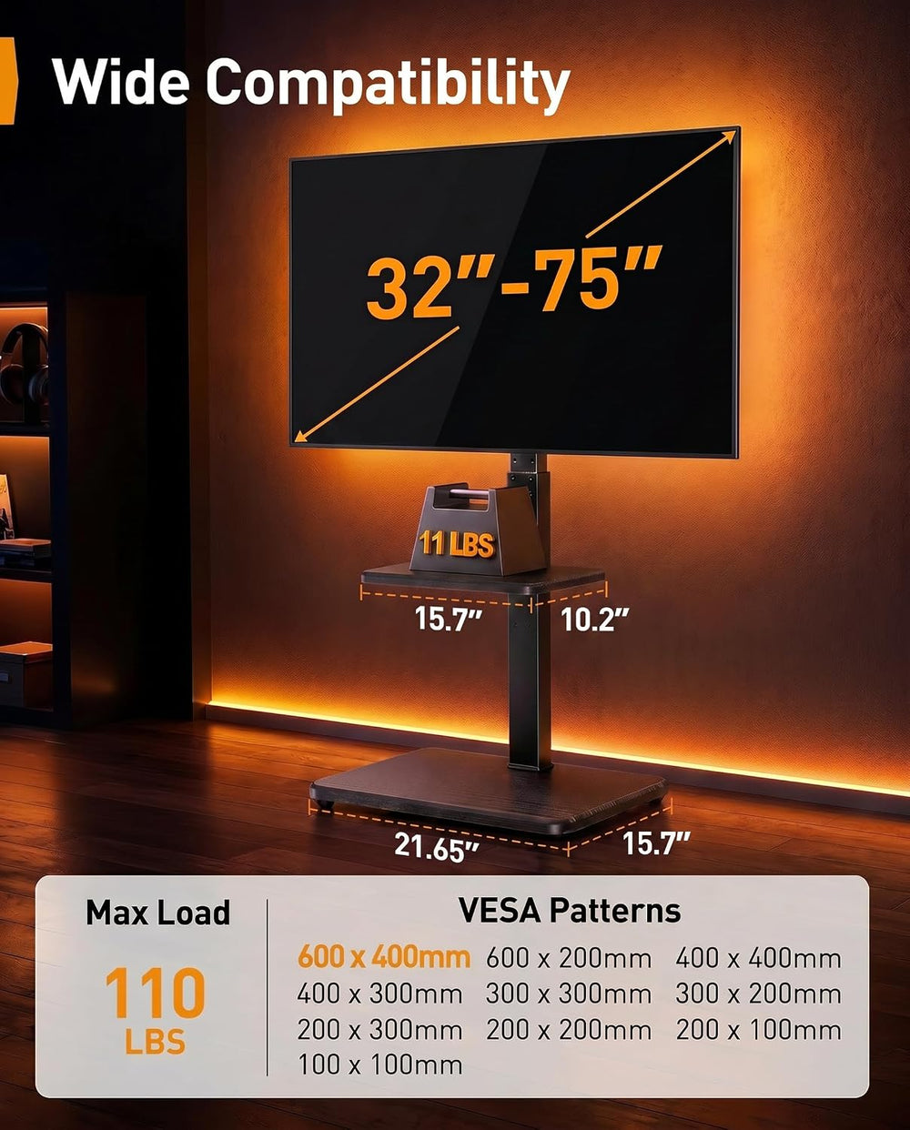Perlegear Floor TV Stand with LED Lights for 32–75 inch TVs up to 110 lbs