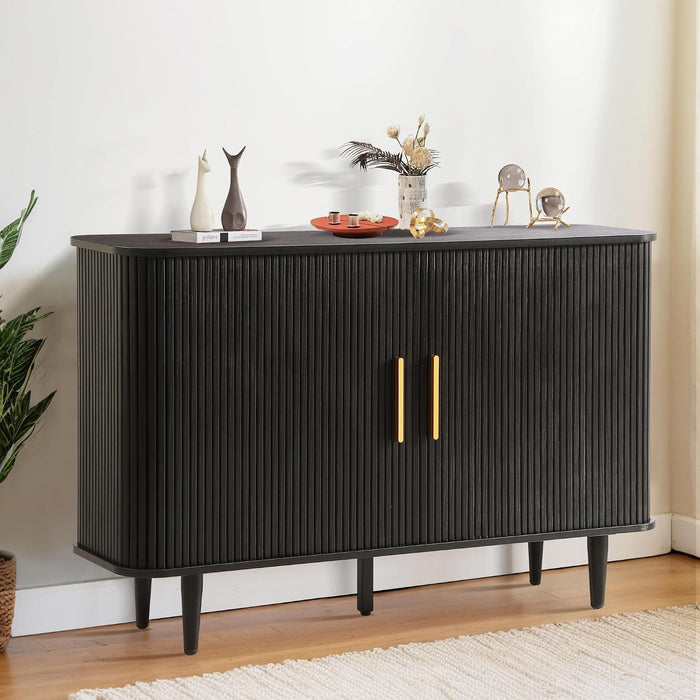 Grepatio 47" Sideboard Buffet Cabinet with Fluted Slide Doors, Tambour Storage Cabinets with Adjustable Shelves, Credenza Console Mid Century for Living Room Hallway Entryway (Black)