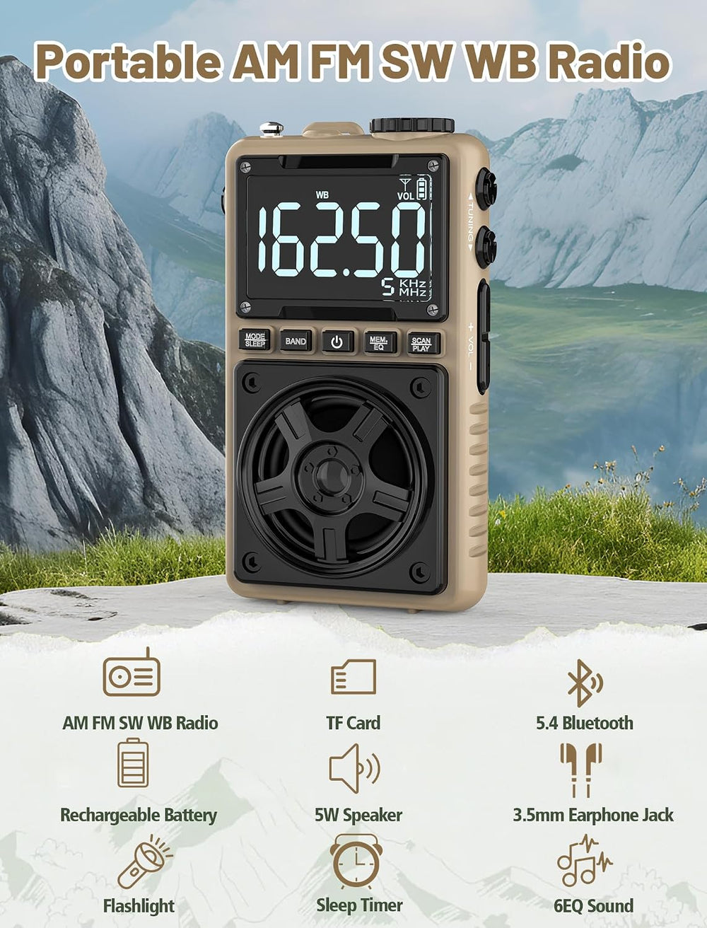 AM FM Shortwave Radio with NOAA Weather Alert,1250mAh Rechargeable Battery