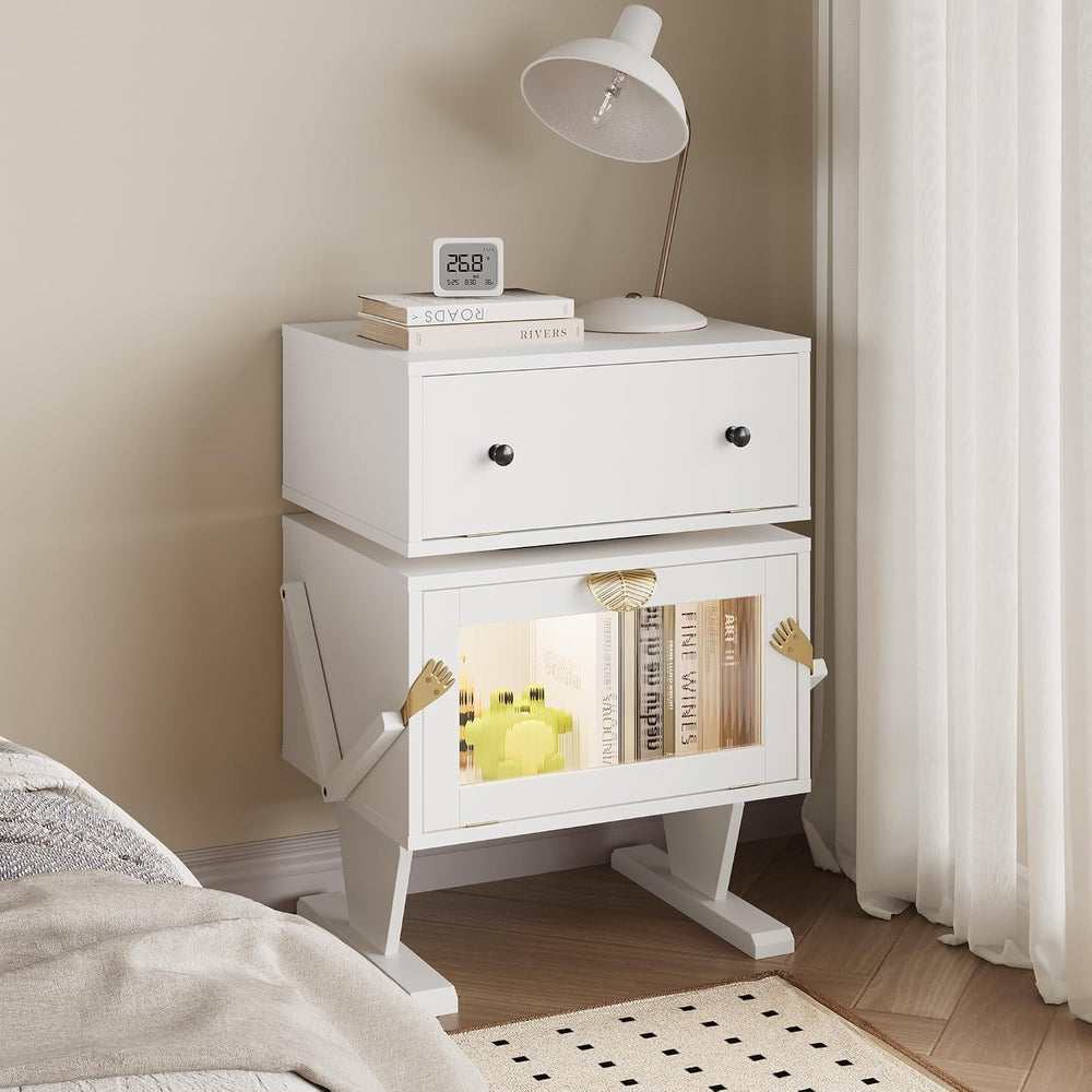 RoyalCraft Large Nightstand with LED Lights, White Robot Nightstand | End Tab...