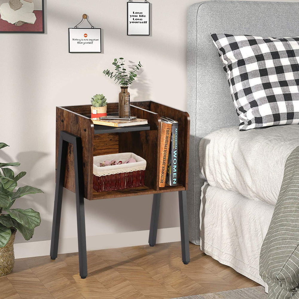 VECELO Night Stand Industrial End Table,Bedside Table with 2-Tier Open Storag...