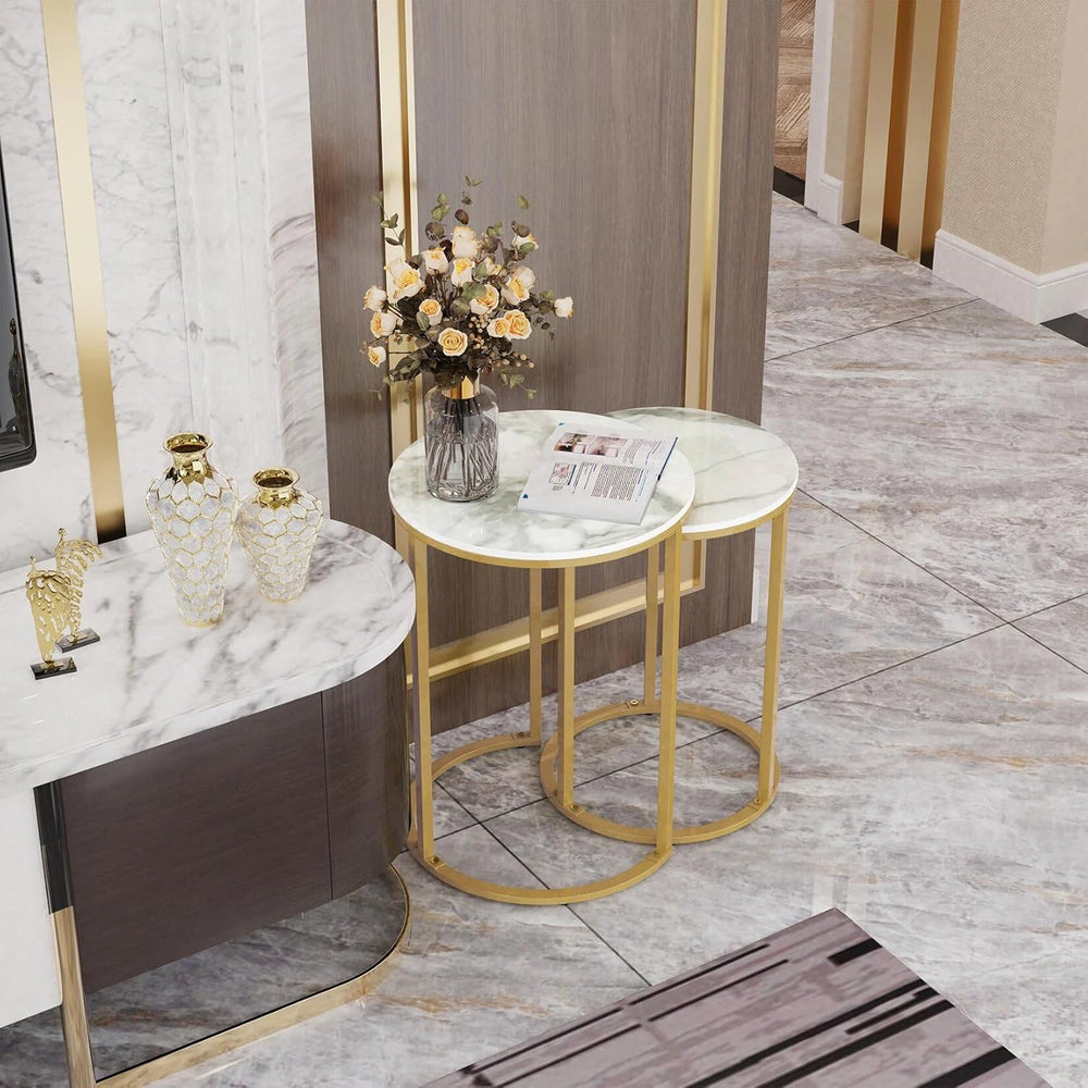 Set of 2 Modern Round Marble Metal Base Nesting Set Side Accent Table Living ...