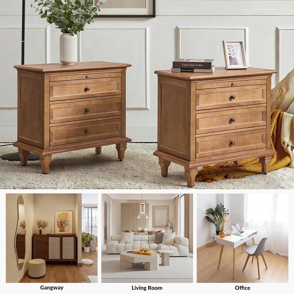 HULALA HOME End Table Set of 2 with Tray, Farmhouse 3 Drawer End Table with S...