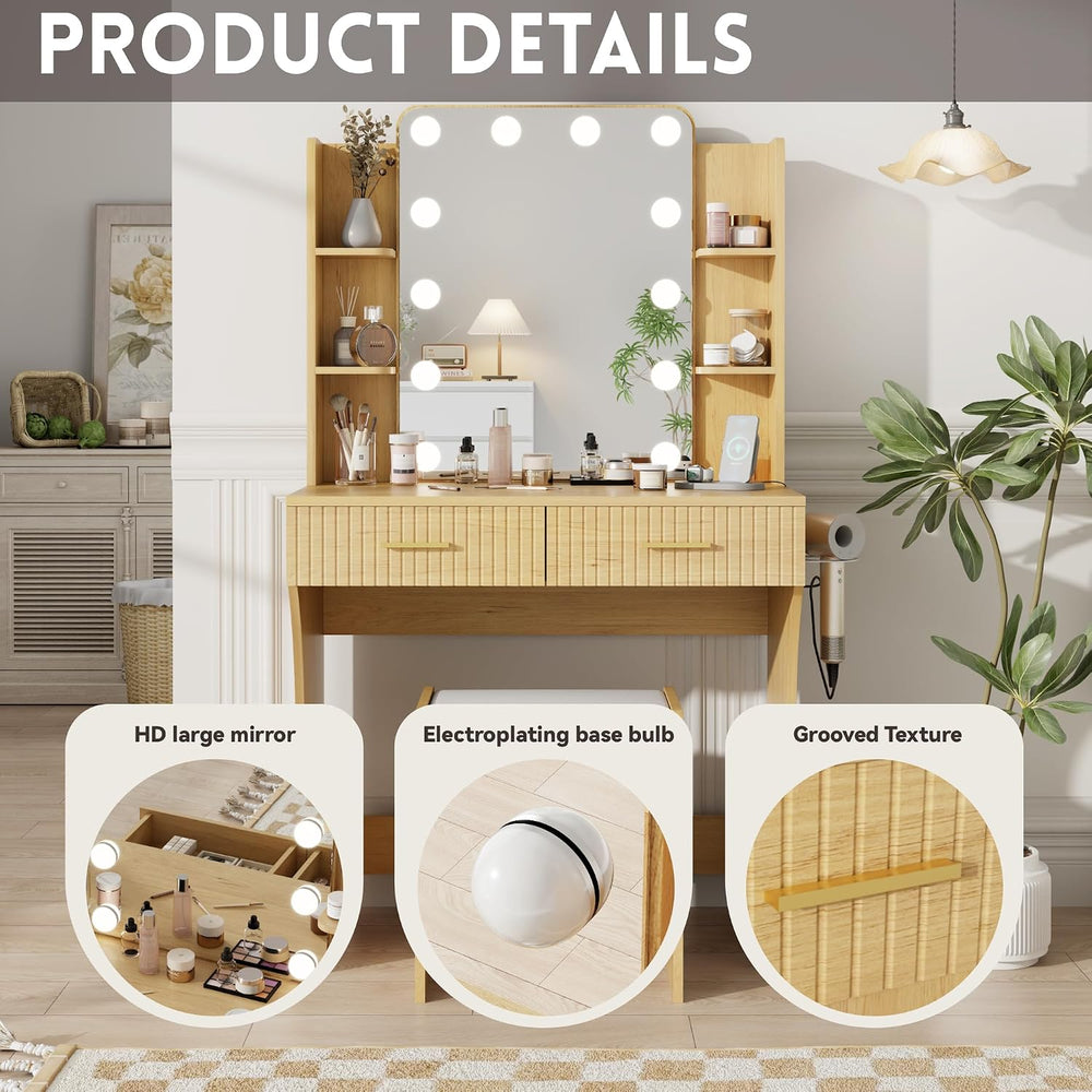 Otterease 31" Makeup Vanity Desk with LED Mirror and Storage Stool, Natu...