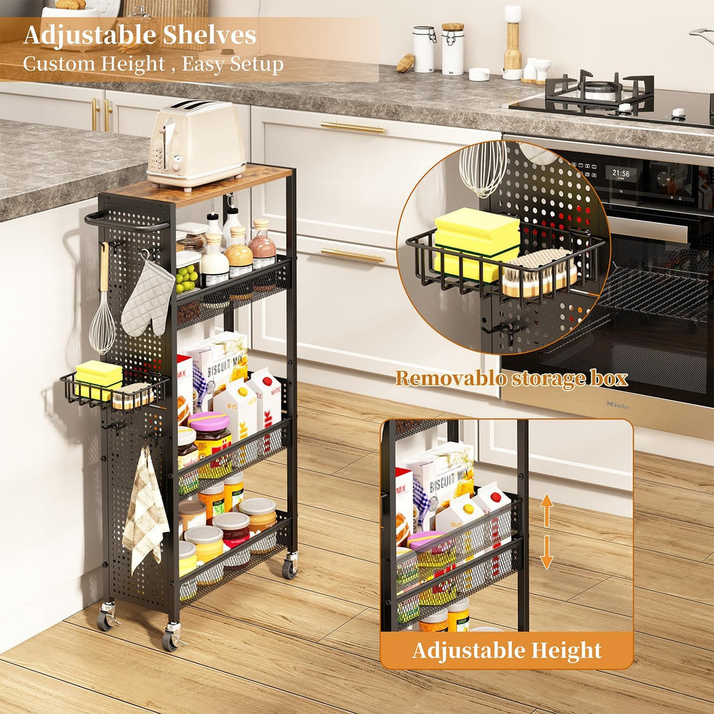 Slim Storage Rolling Cart: 4-Tier Narrow Metal and Wood Utility Cart with Whe...