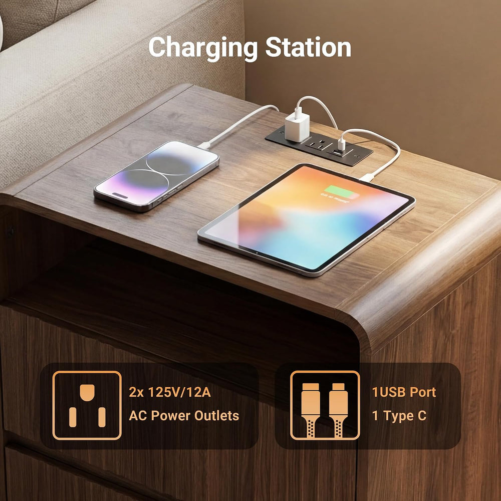 Seang Nightstand Set of 2,Fluted Nightstand with Charging Station & LED L...
