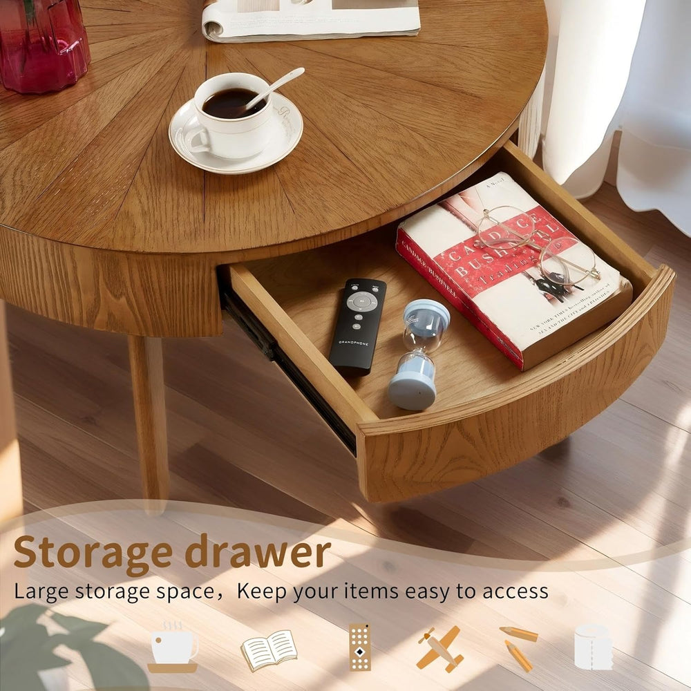 Round Wood Coffee Table for Living Room, Modern Farmhouse Table with Drawer, ...