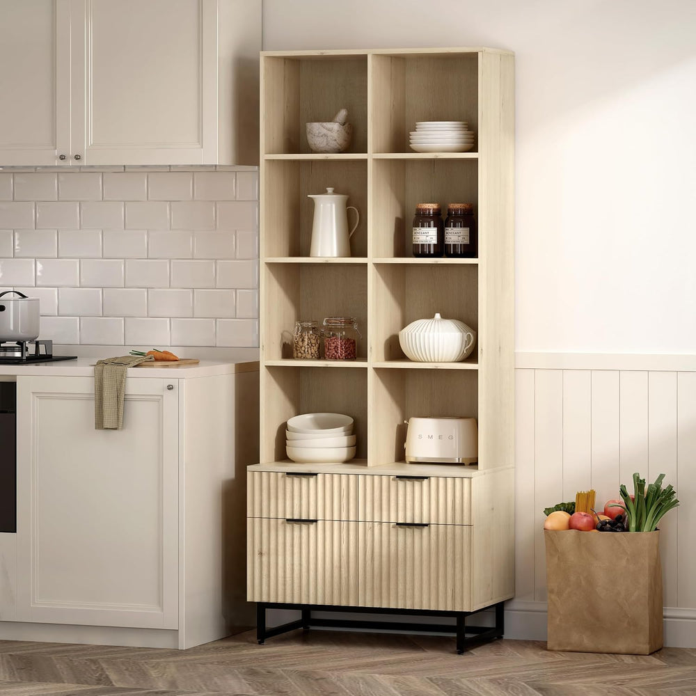 71" Tall Fluted Kitchen Pantry, Mid Century Modern Storage Cabinet with ...