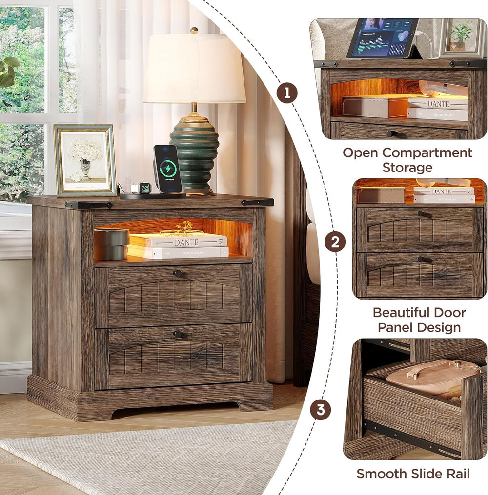 Vabches Nightstand with Charging Station and LED Lights, Vintage End Table wi...