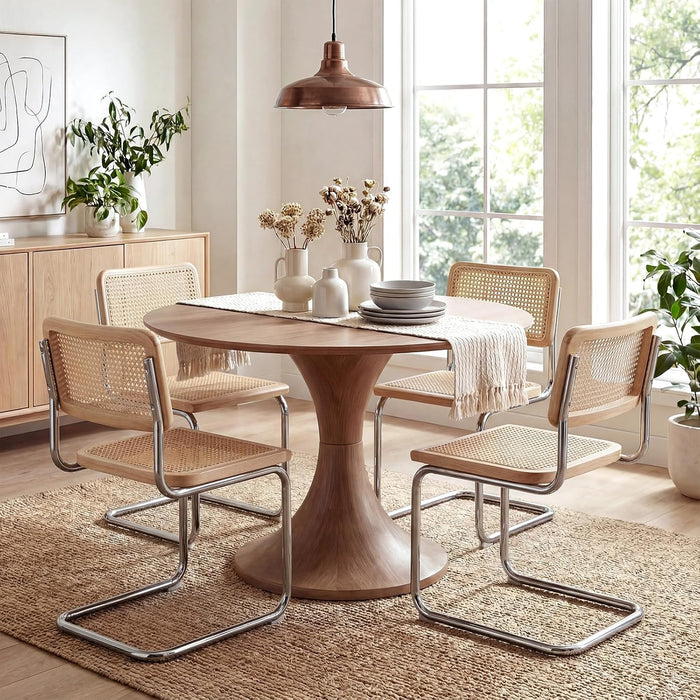 Rattan Cantilever Dining Chairs Set of 4, Boho Modern Dining Chairs with Rattan Back, Curved Steel Base for Kitchen, Living Room, Natural