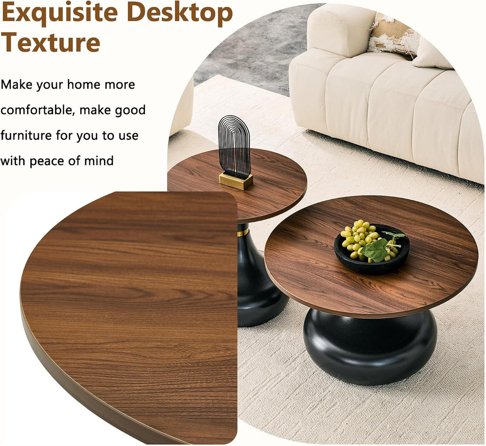 Nesting Coffee Table Set of 2, Modern Rustic Round Wood Center Table Set | Fr...
