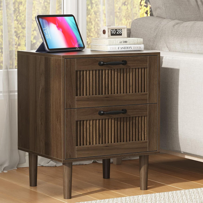 Smart FENDEE Fluted Nightstand with 2 Drawers, Bedside Table with Solid Wood Legs, Mid-Century Modern End Table for Bedroom, Home Office, Walnut