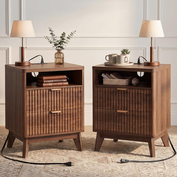 LYNCOHOME Fluted Nightstand with Charging Station, 19.7 inch Wide End Table with 2 Drawers, Modern Wood Bedside Table for Bedroom, Night Stand Set of 2,Walnut