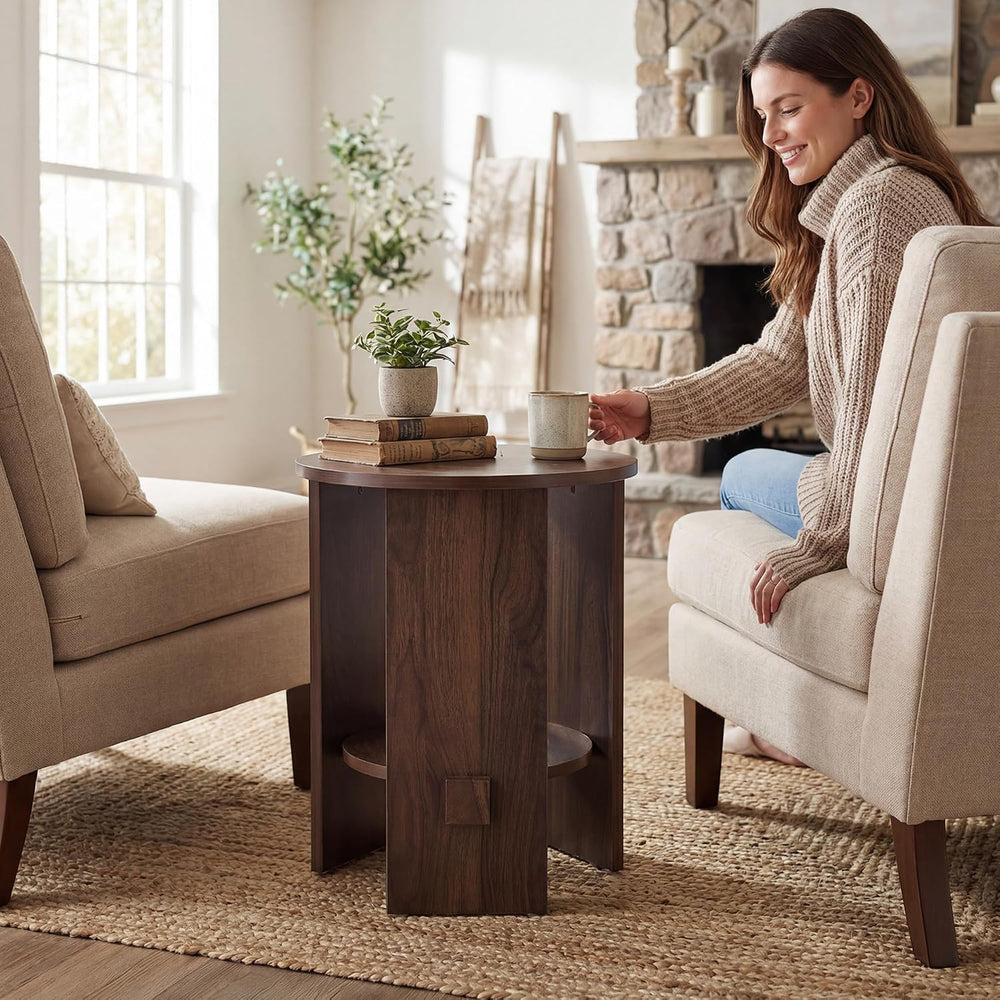 chairus Round Side Table, 15.5" Small End Table with 2-Tier Open Storage...