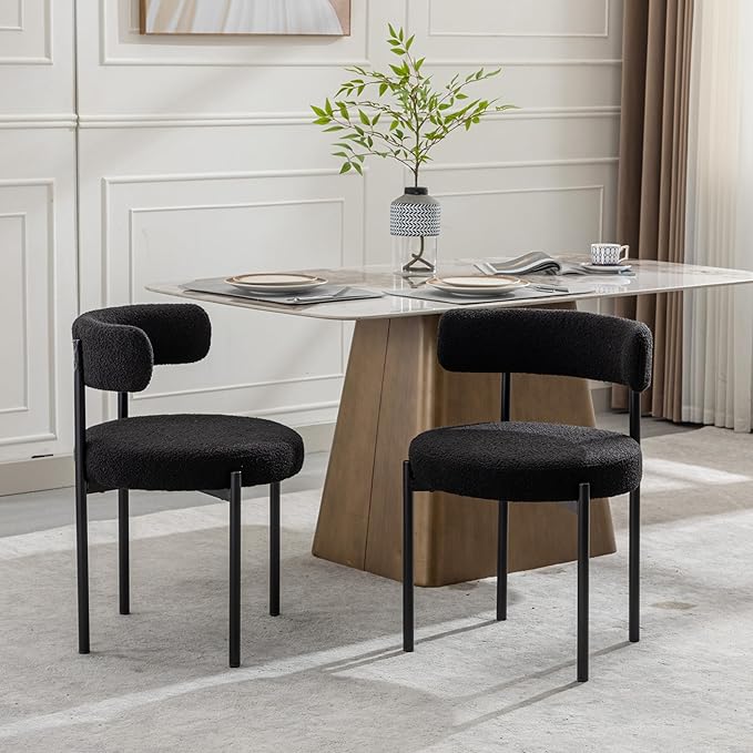 Boucle Dining Chairs Set of 2, Black Dining Chairs with Upholstered Seat and ...