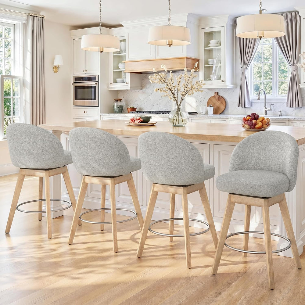 LUE BONA 360° Swivel Bar Stools Set of 4, 26" Wood Legs, Fabric Light Gray