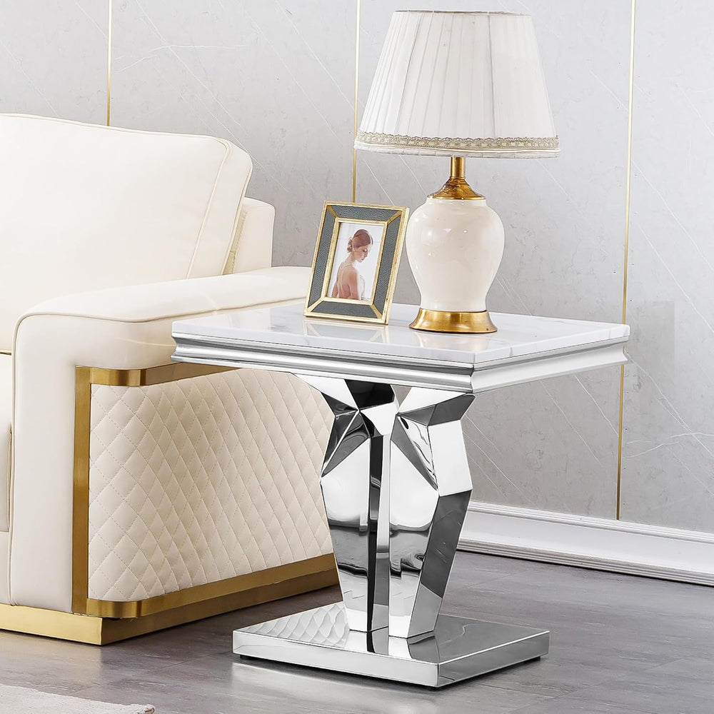 Modern Marble End Table, Sqaure Sofa Side Table with Silver Mirrored Stainles...