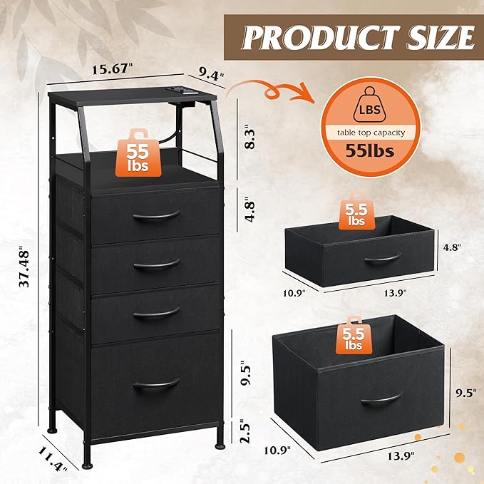 WLIVE Night Stand with Charger Station, LED Nightstand with 4 Fabric Drawers ...
