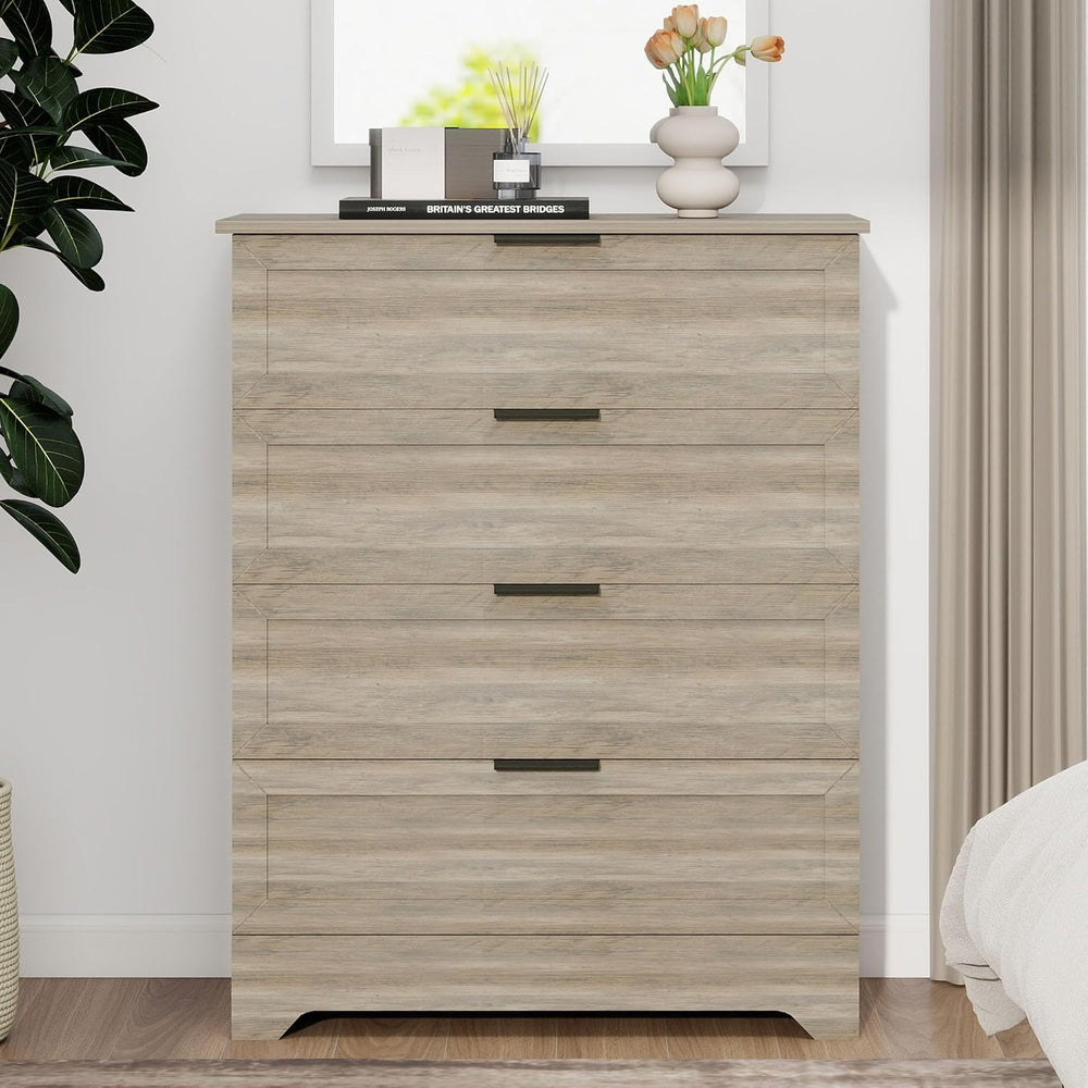 Farmhouse 4 Drawer Dresser for Bedroom, Tall Bedroom Dresser, Rustic Gray