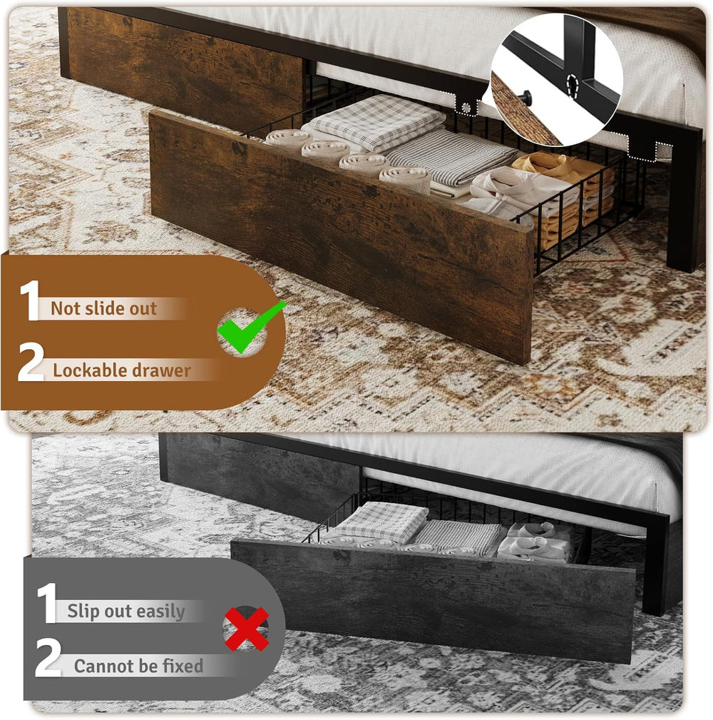 Belffin Queen Bed Frame with 6 Storage Drawers and Carving Headboard