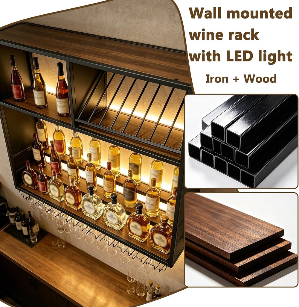 63in Large Wall Mounted Wine Rack with LED Lights, Metal & Wood Floating ...