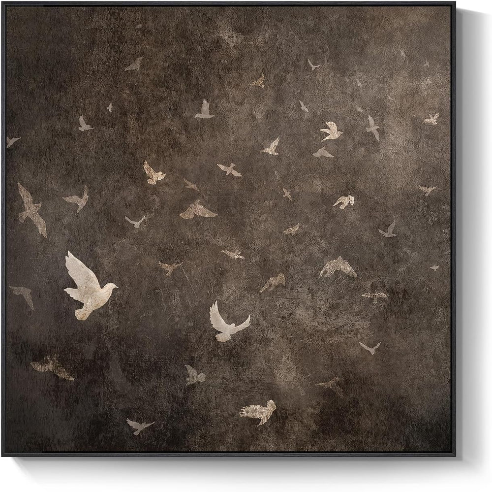 Extra Large Framed Vintage Bird Brown Wall Art for Living Room, Square