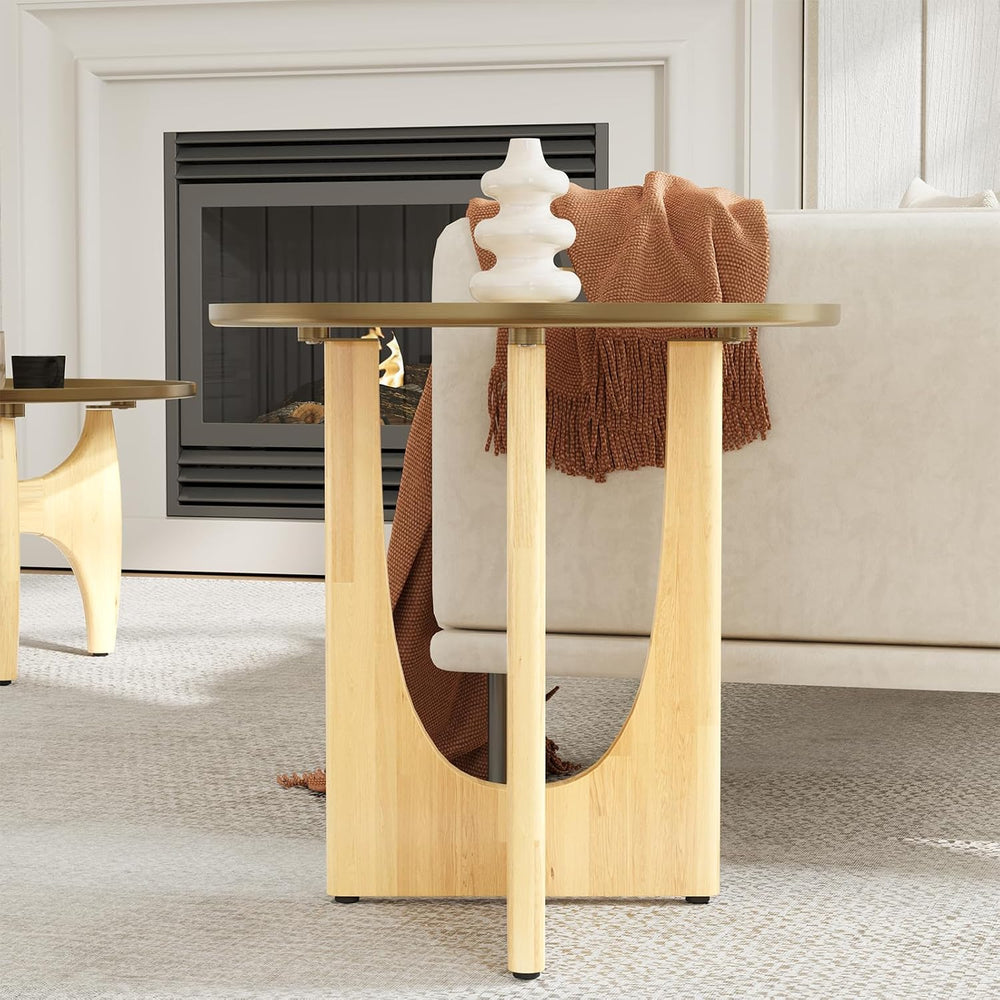 Farmhouse Rubberwood End Table, Beige Rustic End Table with Stainless Steel T...