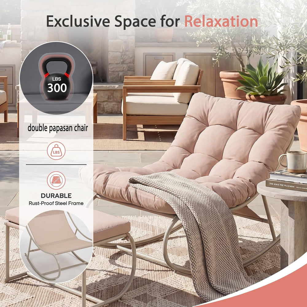 Double Papasan Rocking Chair Set of 2 with Ottoman, Khaki