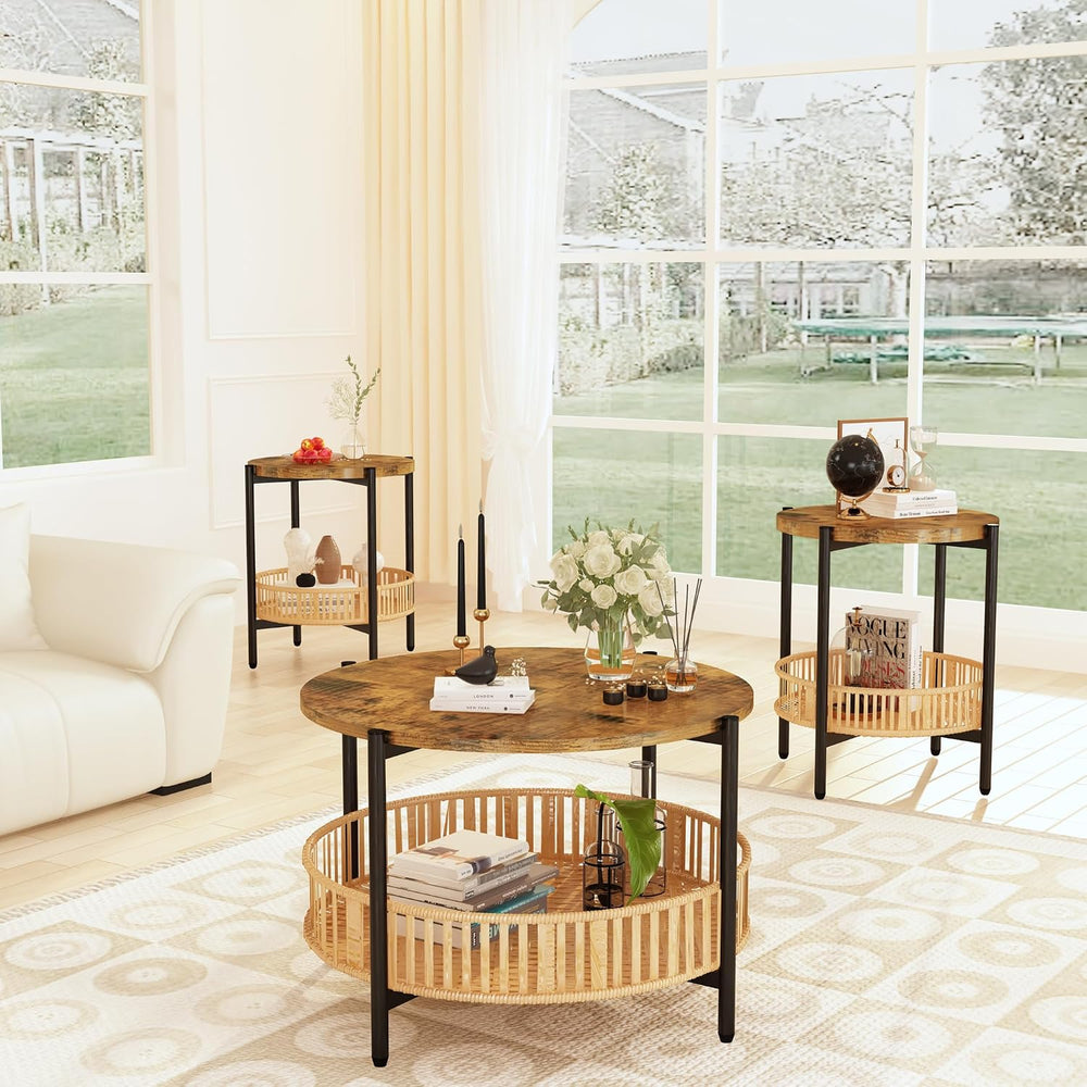 AWQM 3 Pieces Coffee Table Set for Living Room, 2 Tier Round Rattan Coffee En...