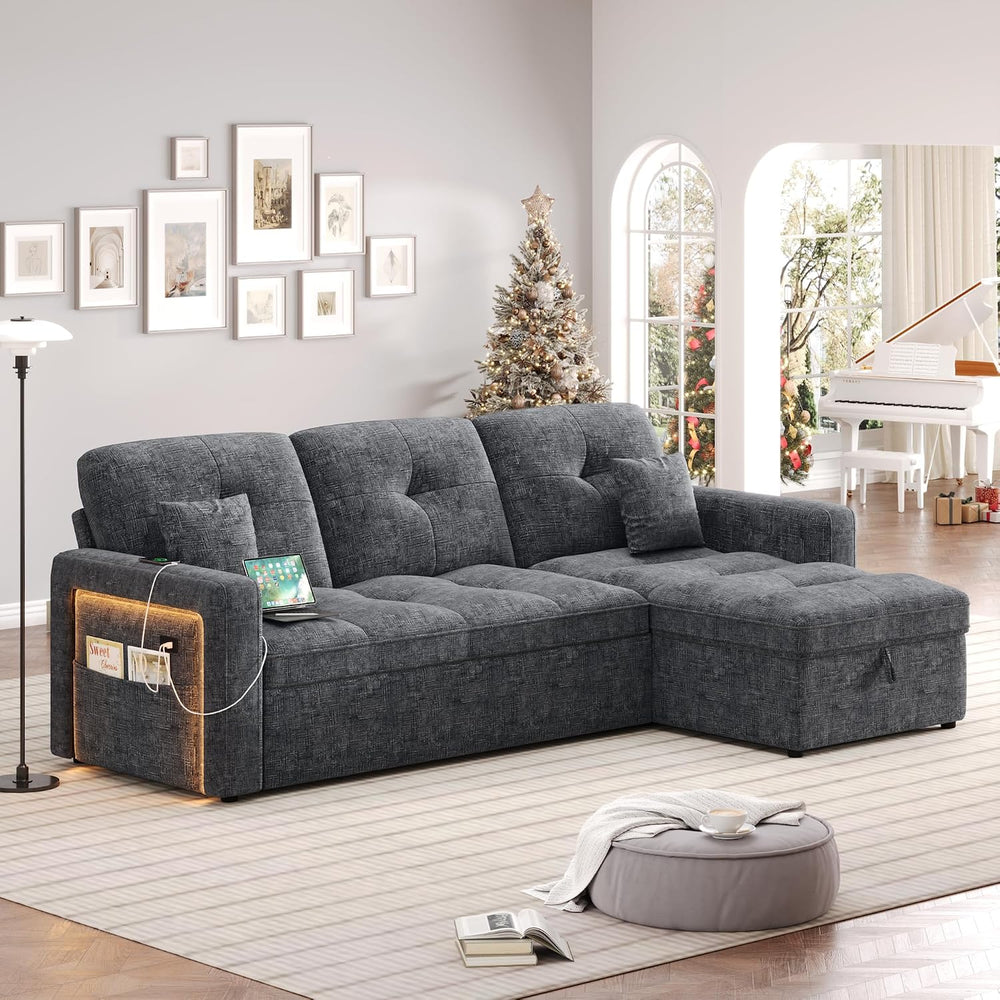 81'' LED L-Shaped Sectional Couch for Living Room, Sleeper Sofa Bed, ...
