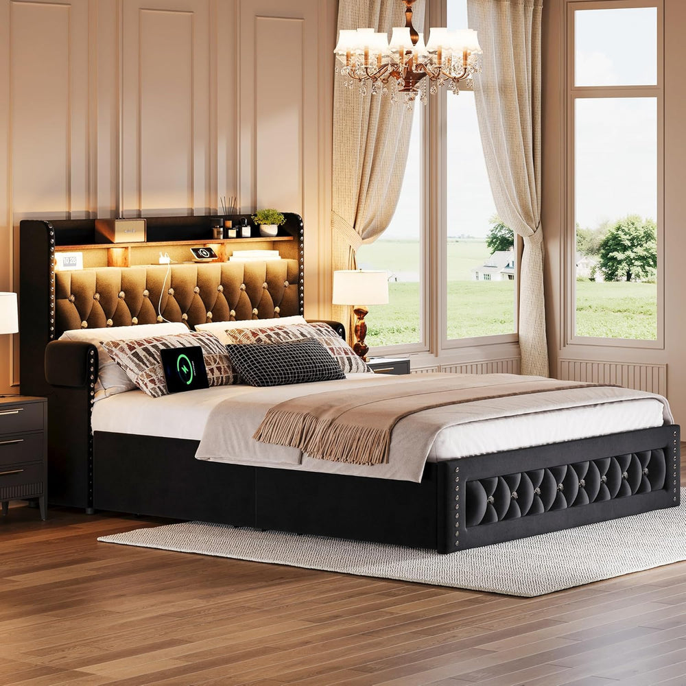 Ailisite Full Size Bed Frame with 4 Storage Drawers,Velvet Upholstered Full P...