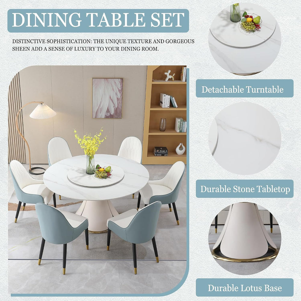 Leavader 59" Modern Round Dining Table Set - Sintered Stone Tabletop wit...