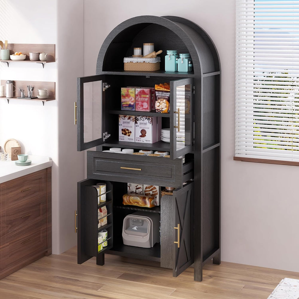 71" Tall Arched Kitchen Pantry with Glass Door, Farmhouse Storage Cabine...