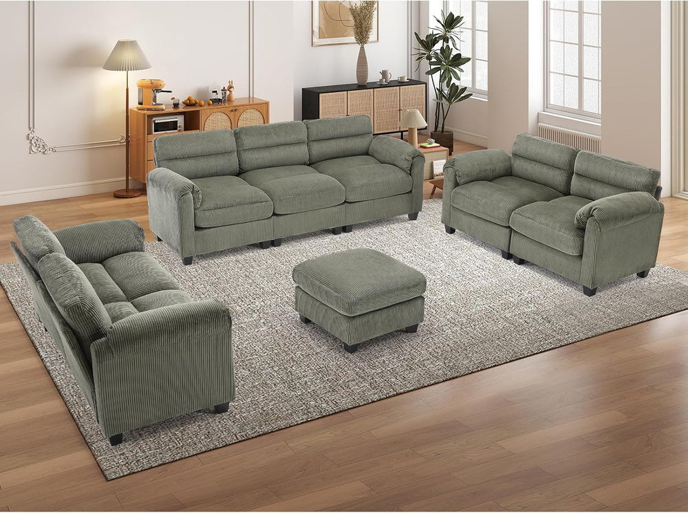 Corduroy Sofa Set, Upholstered Ottoman, Loveseat Set of 2, and 3-Seater Couch...