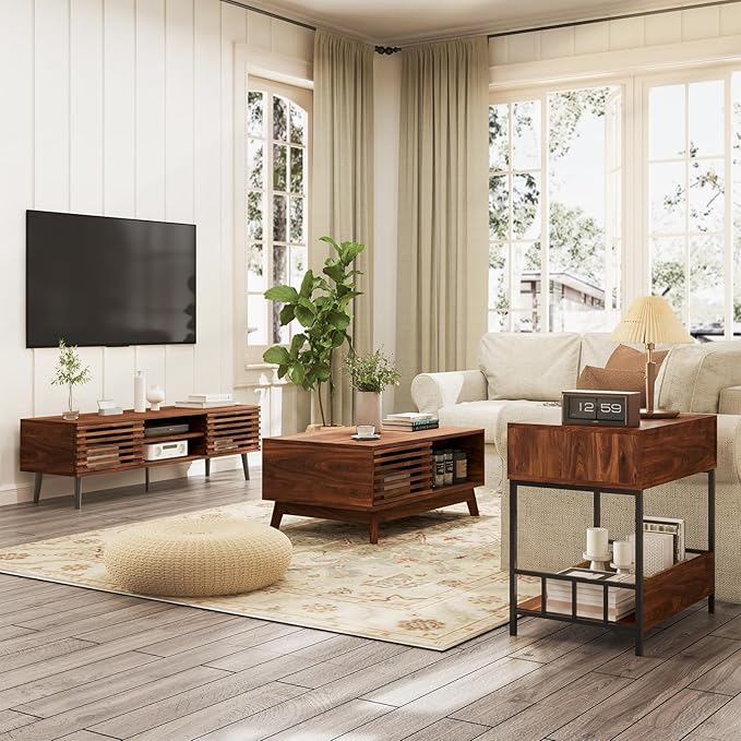 HAIOOU Mid Century Modern TV Stand, 52" Wooden TV Console with Slatted S...