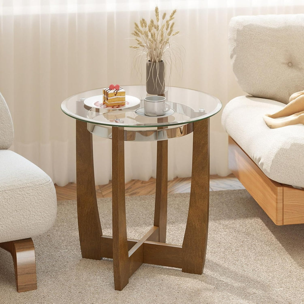 GOFLAME Glass End Table, 24” Round Sofa Side Table with Solid Rubber Wood Fra...
