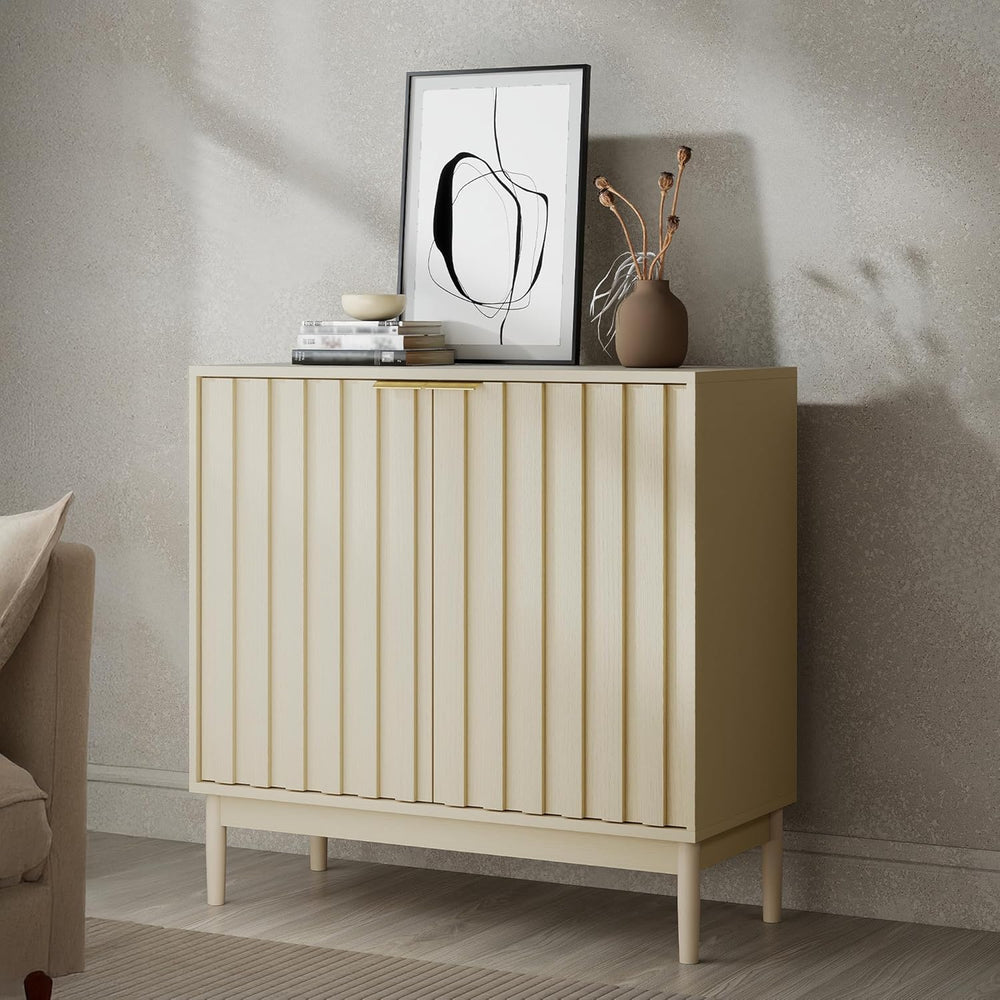Fluted Cabinet with Storage, Buffet Cabinet Sideboard with 2 Doors, Beige Buf...