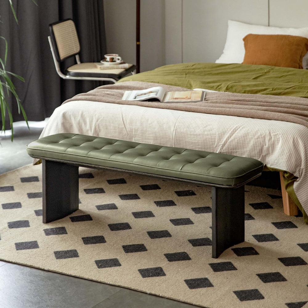 47.2'' Leather Upholstered Dining Bench with Legs & Green Cushion...