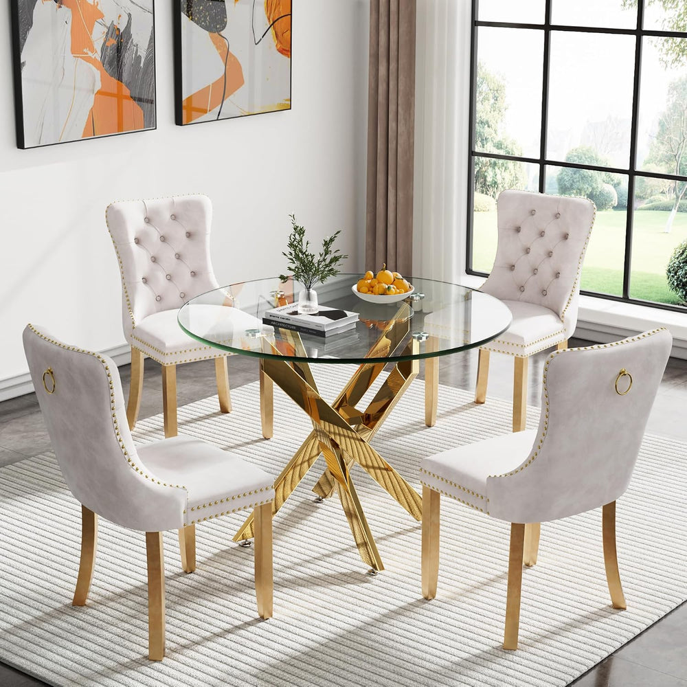 36" Modern Gold Glass Dining Room Table Set for 4, 5-Piece Round Kitchen...