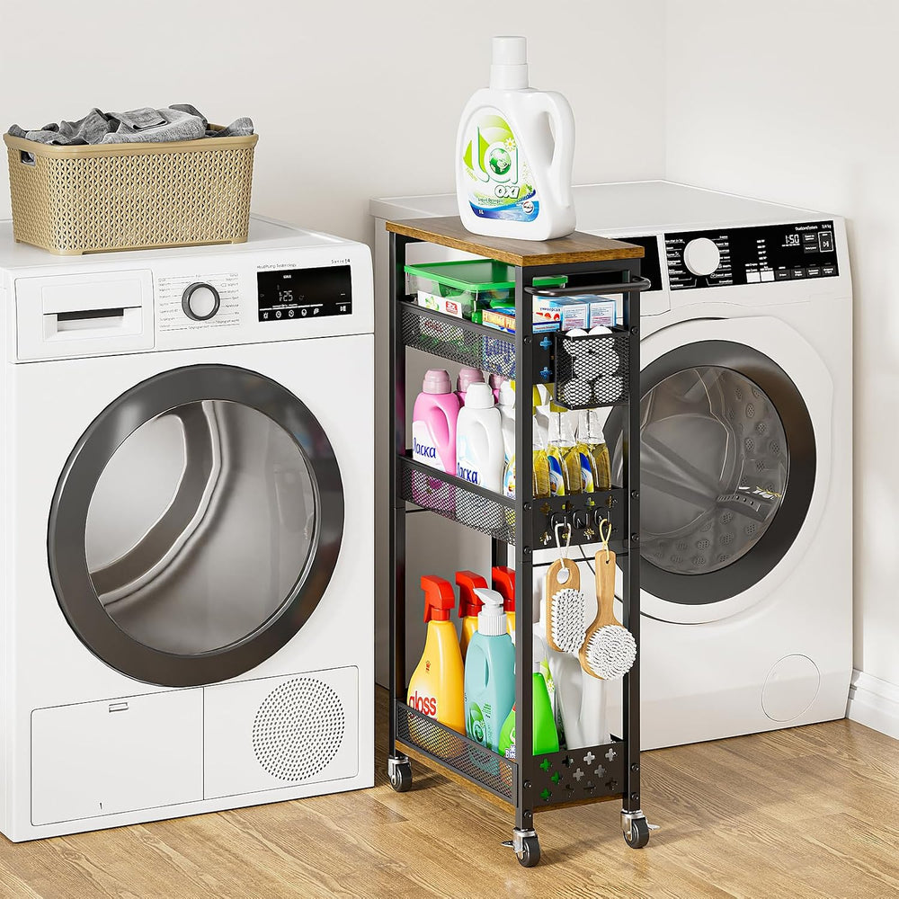 4 Tier Slim Rolling Storage Cart Laundry Room Organzier with Wheels | Small m...