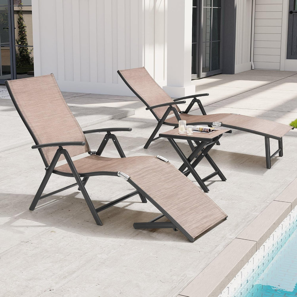 Lounge Chair Outdoor, Folding Pool Chaise Chairs Set of 3 (Espresso)