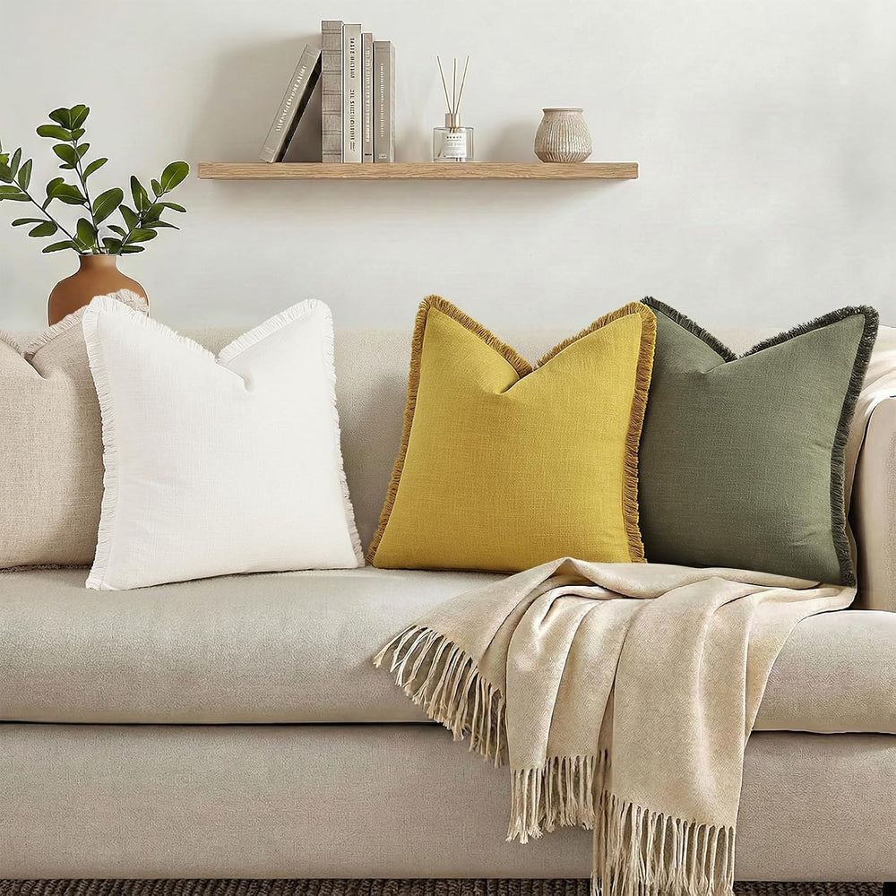 decorUhome Linen Fringe Cream White Throw Pillow Covers 24x24 Set of 2