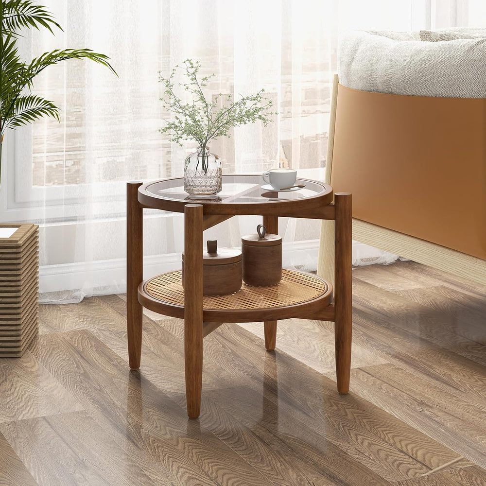 GIANTEX Rattan Round End Table Set of 2, Walnut Boho Nightstand with Tempered...