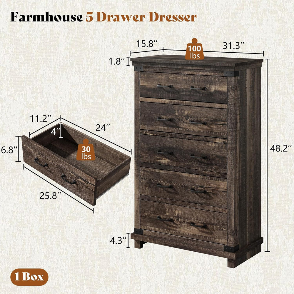 AMERLIFE 5 Pieces Farmhouse Bedroom Set, Includes Rustic King Bed Frame with ...
