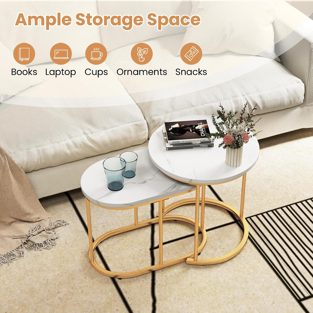 CASART Set of 2 Nesting Tables, Faux Marble Stacking Sofa Side Tables 2PCS Ro...