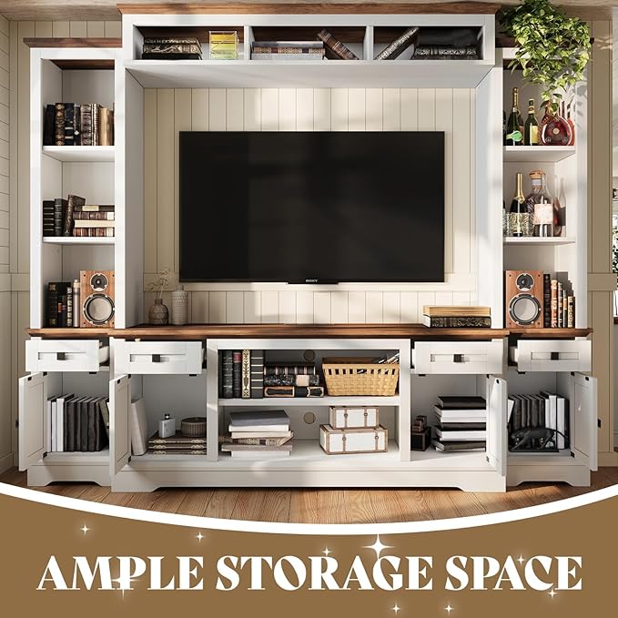 AMERLIFE 98" Farmhouse Wall Unit Entertainment Center with Bookshelves, ...
