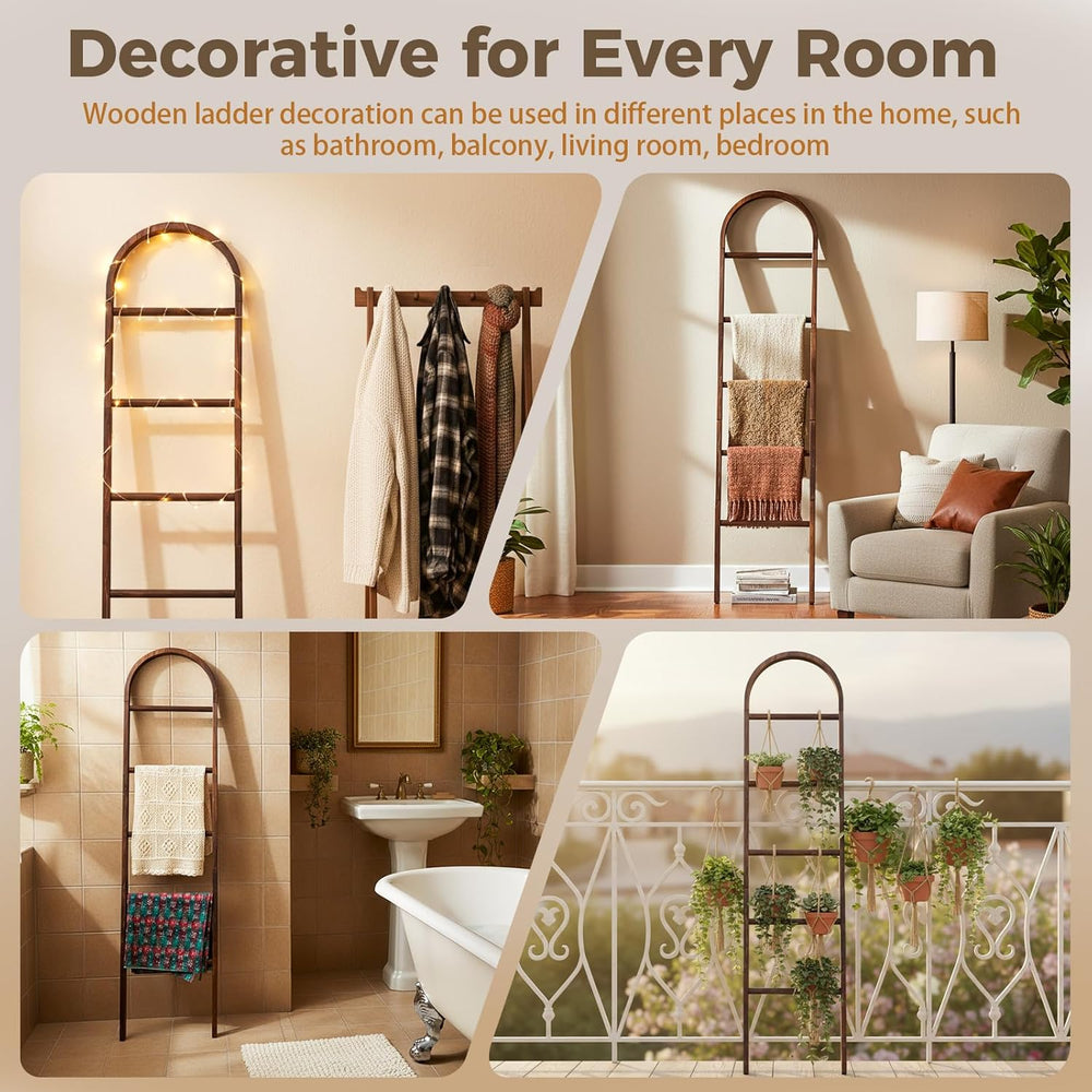 Sintuff Arched Blanket Ladder for Living Room, 5.5ft Wooden Blanket Rack, 5-T...